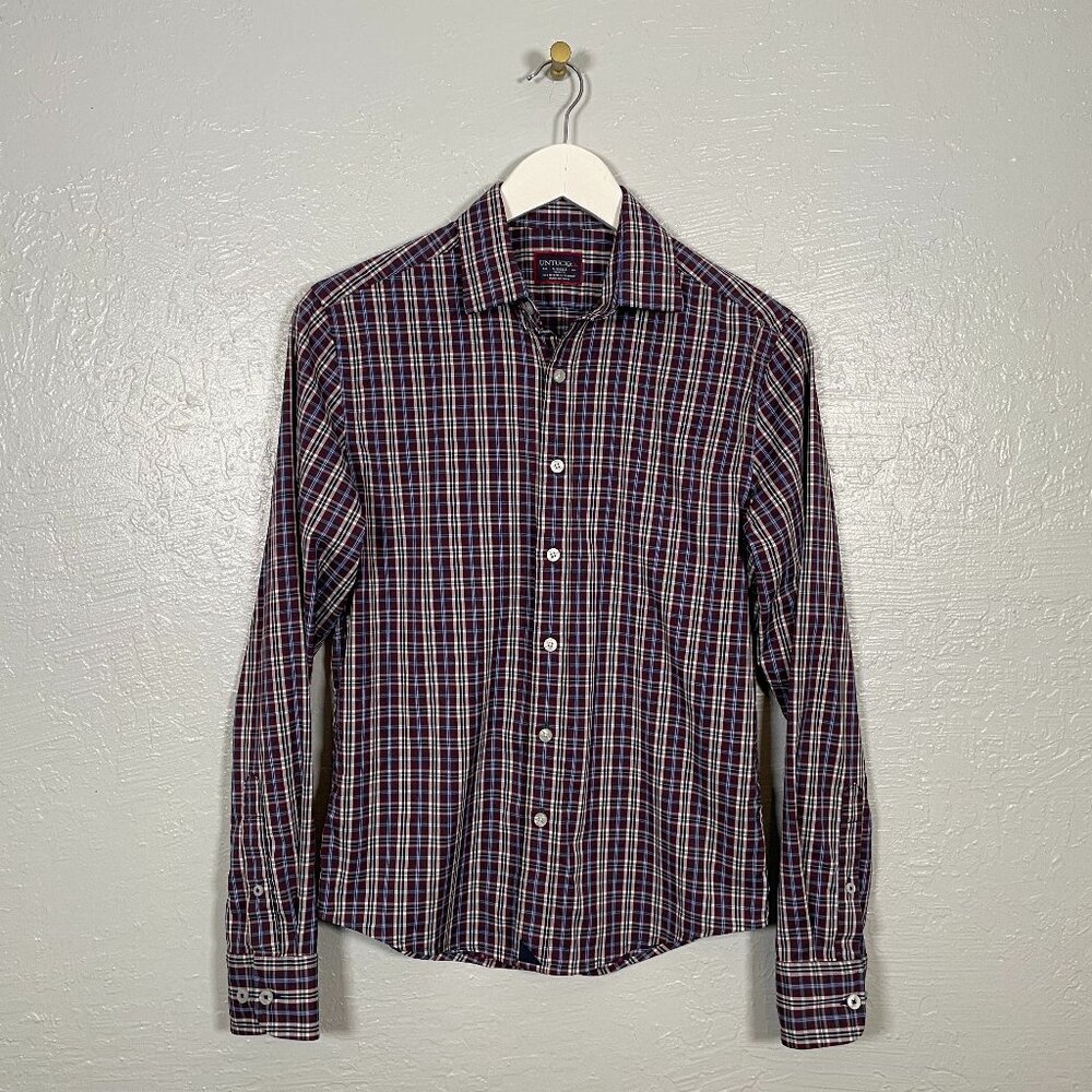 Untuckit Men XS Blue White Red Plaid Slim Fit Shirt Spread Collar Button Front